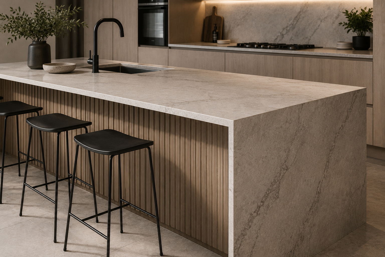 Stone benchtops and surfaces for a residential kitchen project